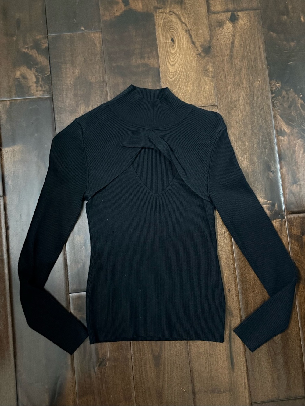 525 America Black Ribbed Mock Neck Long Sleeve Top with Front Cutout